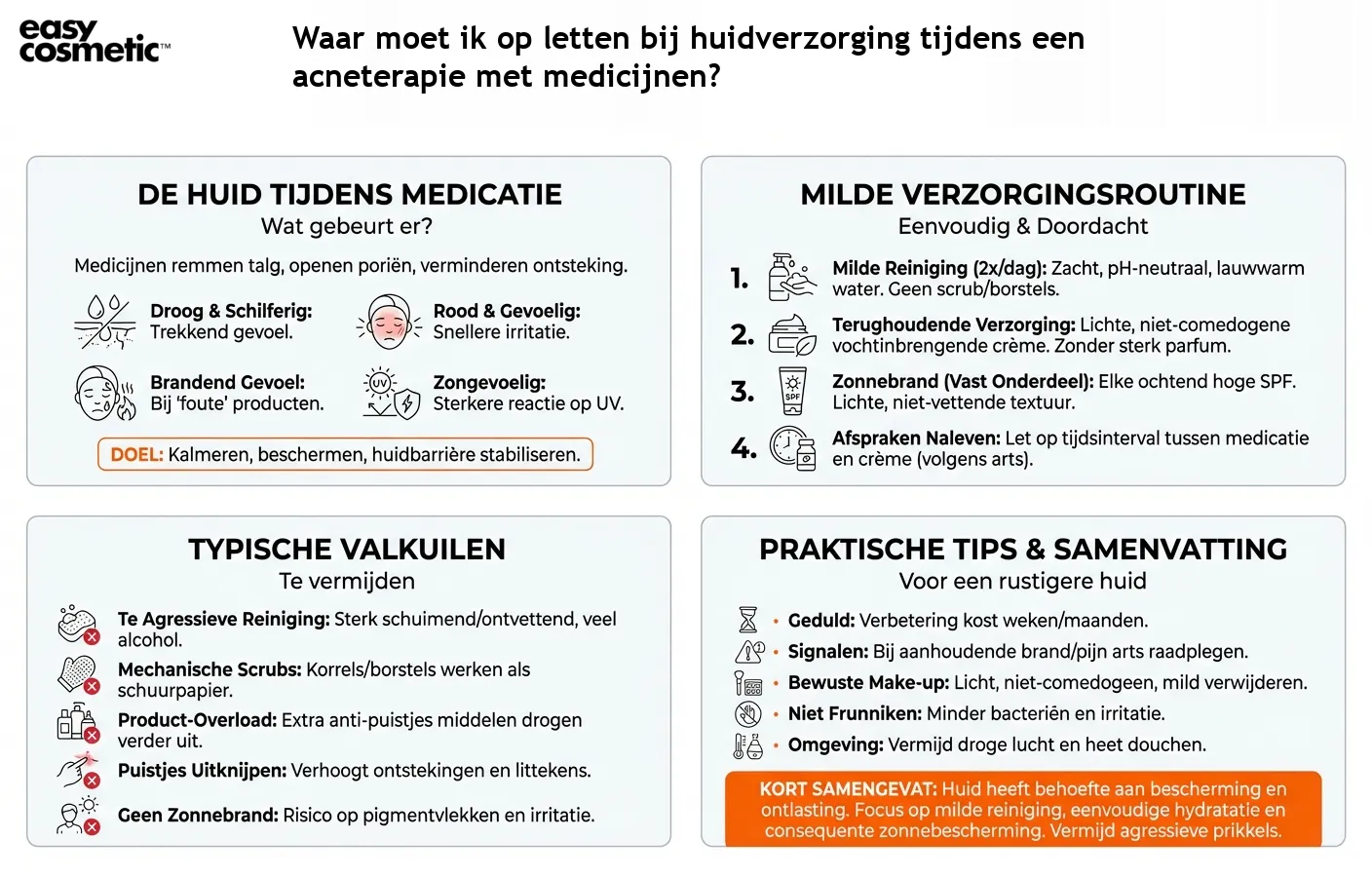 Waar moet ik op letten bij huidverzorging tijdens een acneterapie met medicijnen?