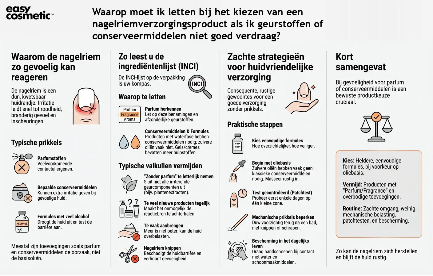 Waarop moet ik letten bij het kiezen van een nagelriemverzorgingsproduct als ik geurstoffen of conserveermiddelen niet goed verdraag?