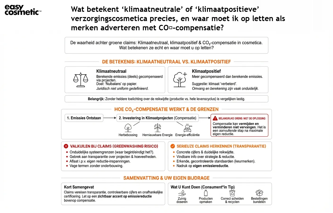 Wat betekent ‘klimaatneutrale’ of ‘klimaatpositieve’ verzorgingscosmetica precies, en waar moet ik op letten als merken adverteren met CO₂-compensatie?