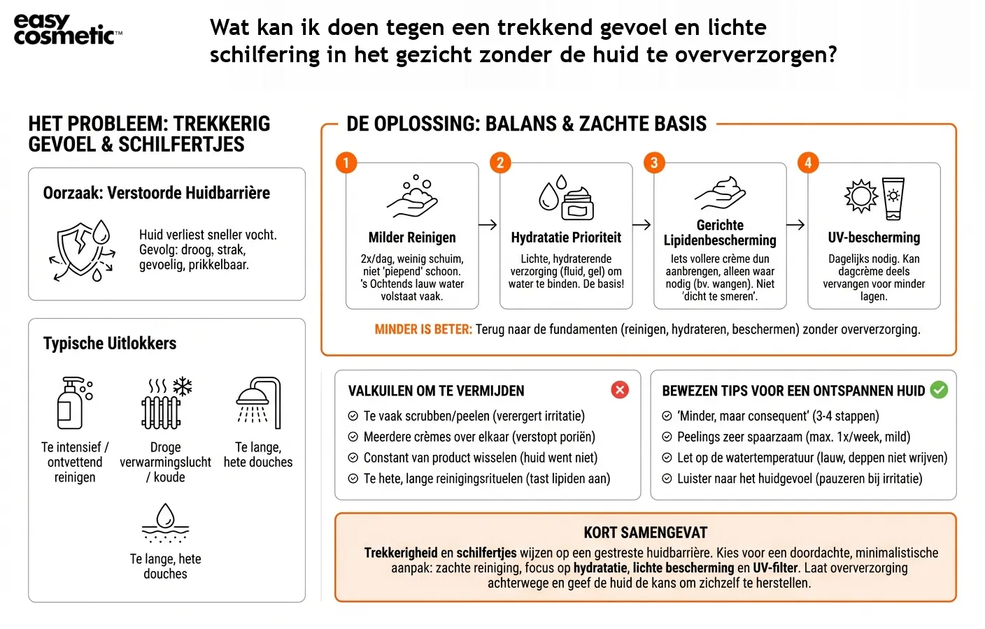 Wat kan ik doen tegen een trekkend gevoel en lichte schilfering in het gezicht zonder de huid te oververzorgen?