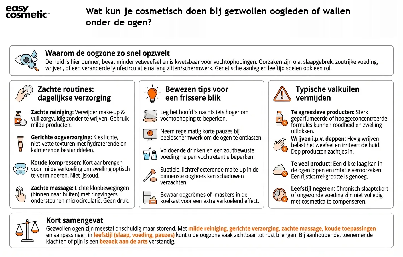 Wat kun je cosmetisch doen bij gezwollen oogleden of wallen onder de ogen?