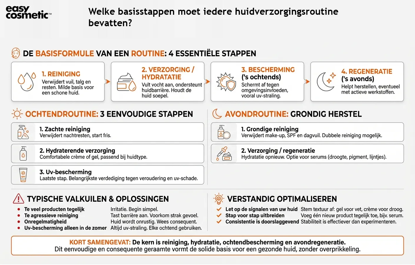Welke basisstappen moet iedere huidverzorgingsroutine bevatten?