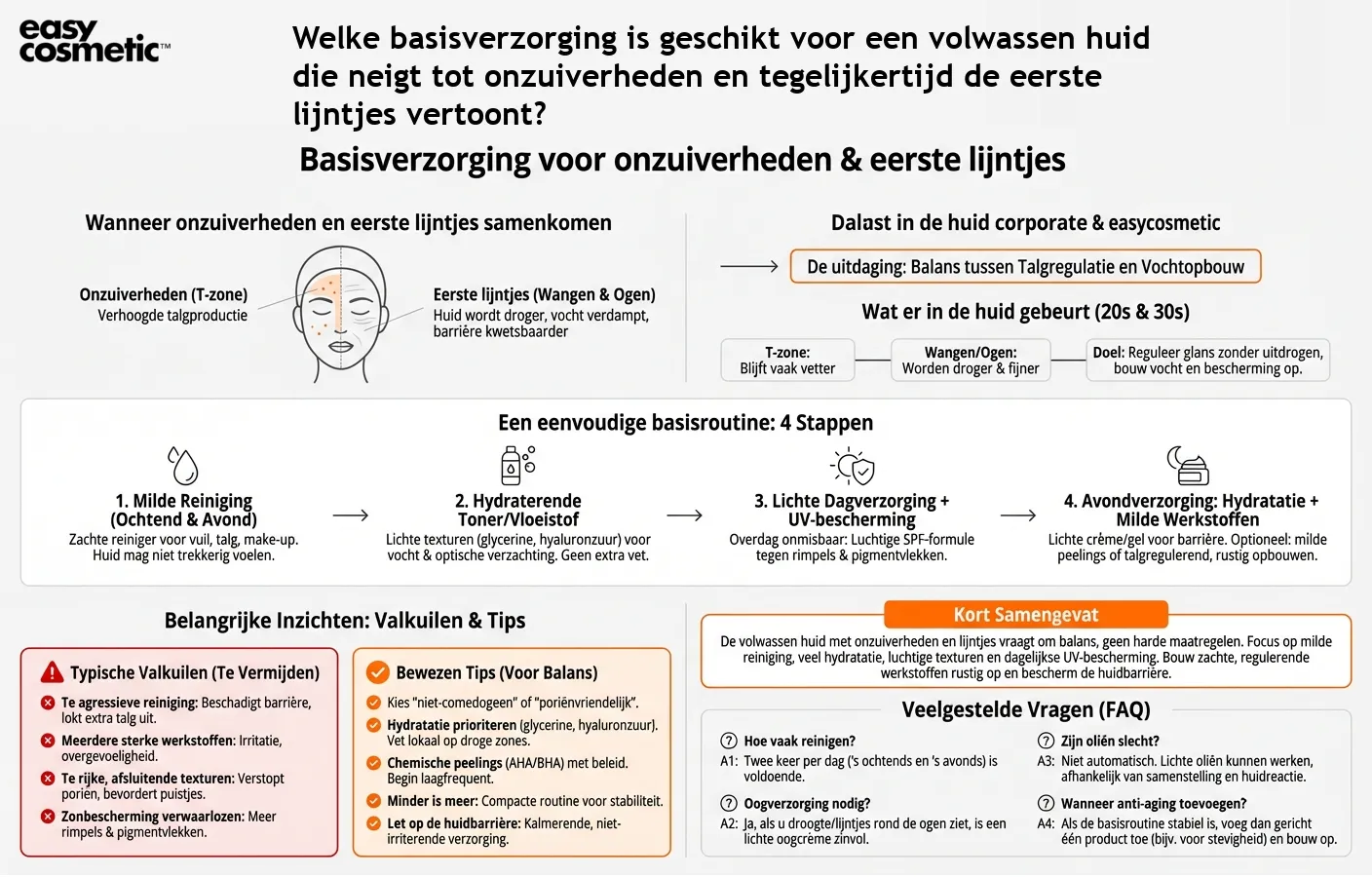 Welke basisverzorging is geschikt voor een volwassen huid die neigt tot onzuiverheden en tegelijkertijd de eerste lijntjes vertoont?