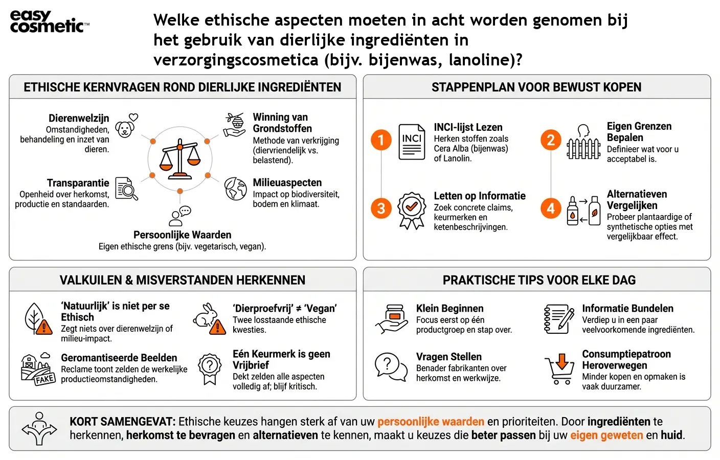 Welke ethische aspecten moeten in acht worden genomen bij het gebruik van dierlijke ingrediënten in verzorgingscosmetica (bijv. bijenwas, lanoline)?