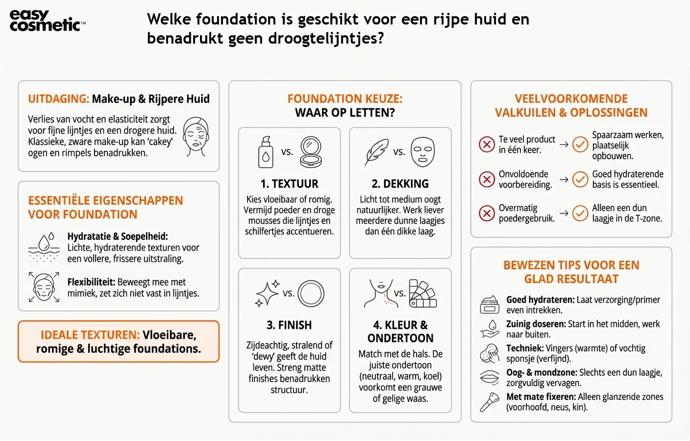 Welke foundation is geschikt voor een rijpe huid en benadrukt geen droogtelijntjes?
