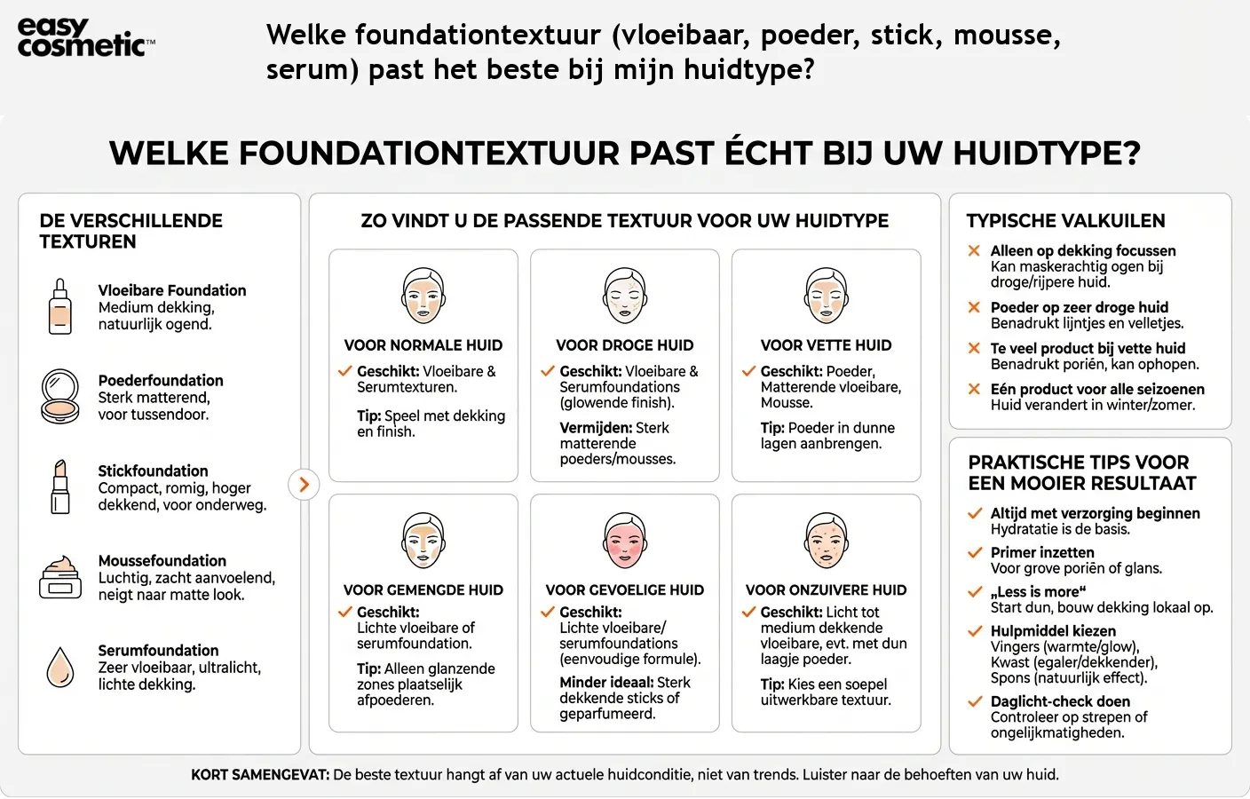 Welke foundationtextuur (vloeibaar, poeder, stick, mousse, serum) past het beste bij mijn huidtype?