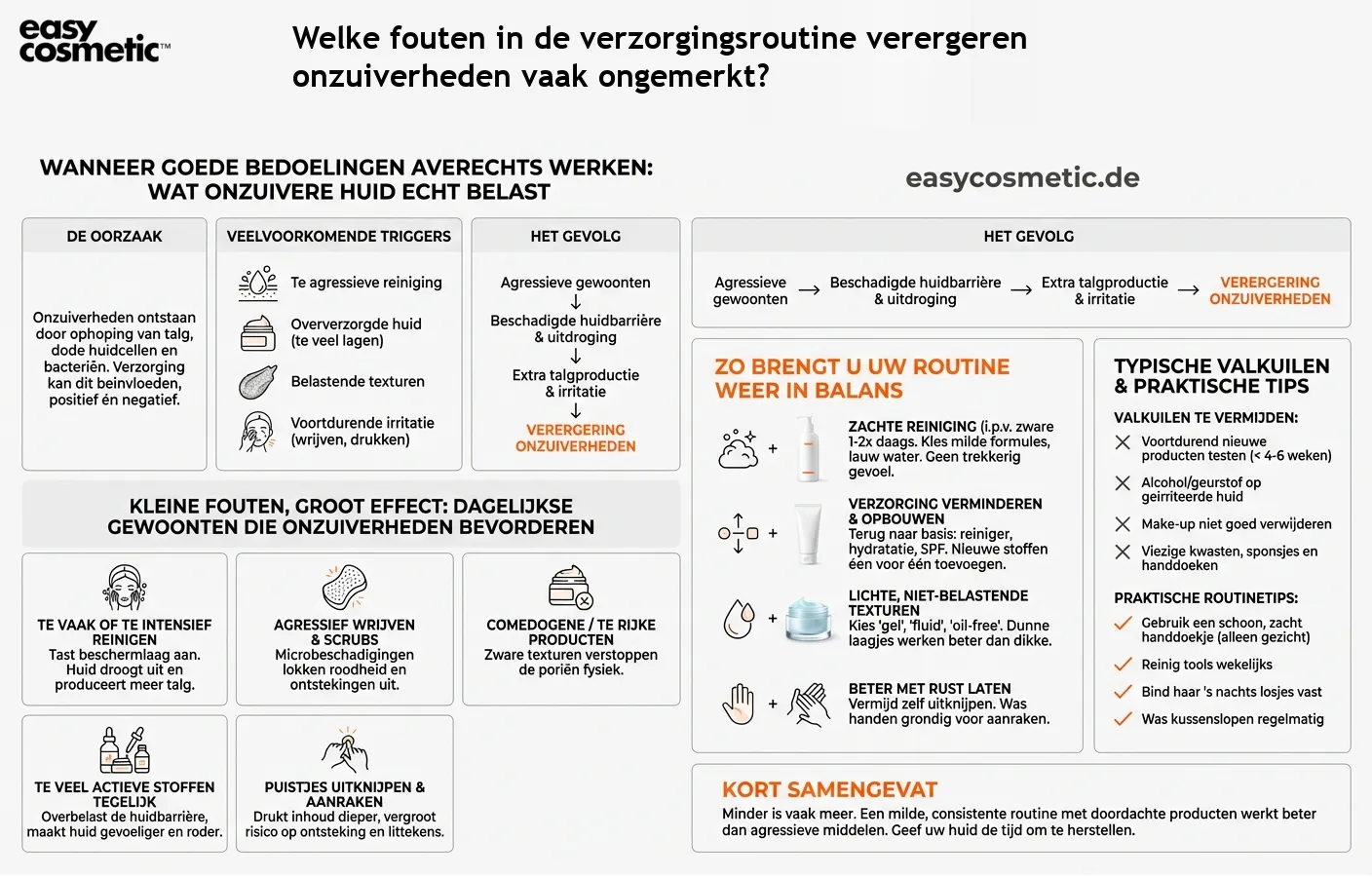 Welke fouten in de verzorgingsroutine verergeren onzuiverheden vaak ongemerkt?