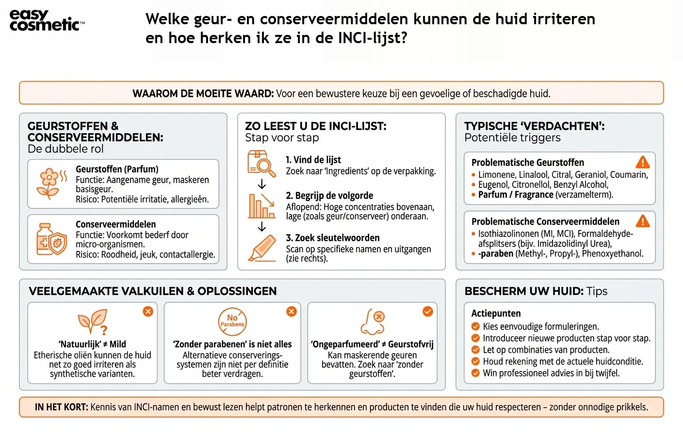 Welke geur- en conserveermiddelen kunnen de huid irriteren en hoe herken ik ze in de INCI-lijst?
