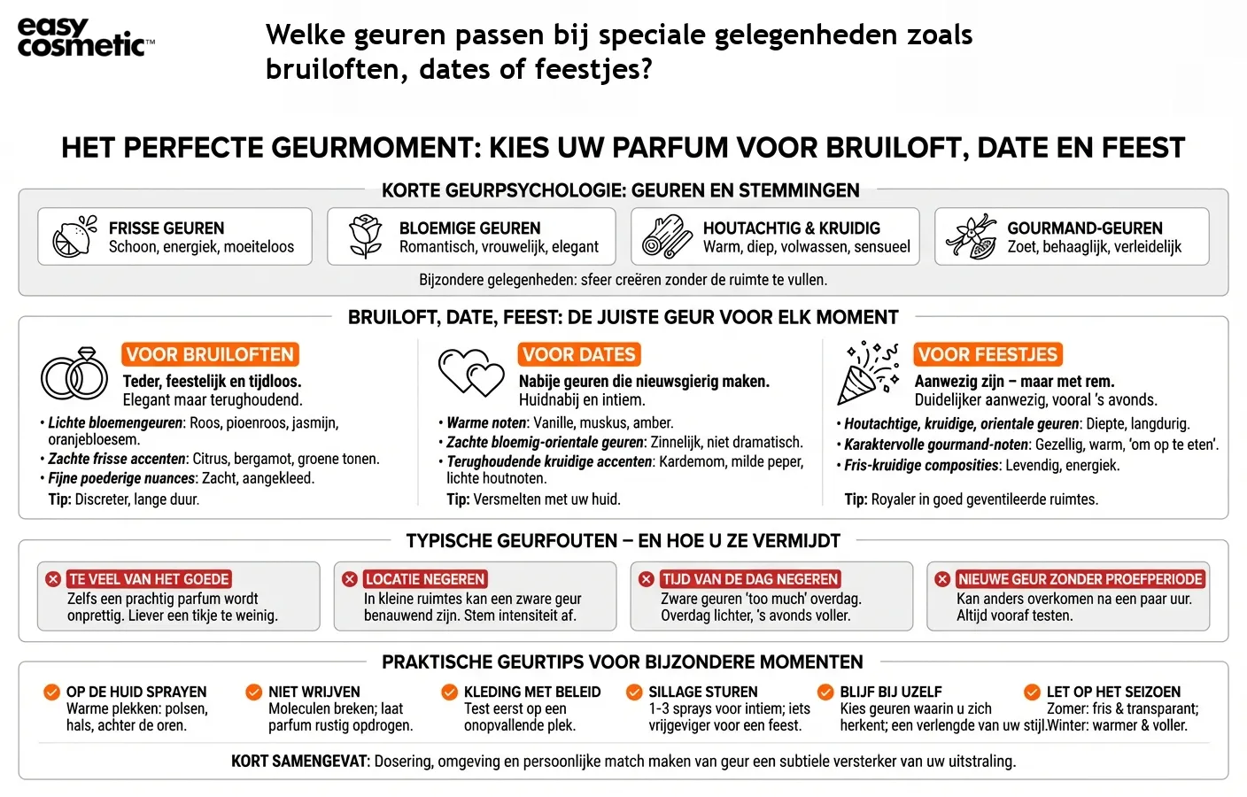 Welke geuren passen bij speciale gelegenheden zoals bruiloften, dates of feestjes?