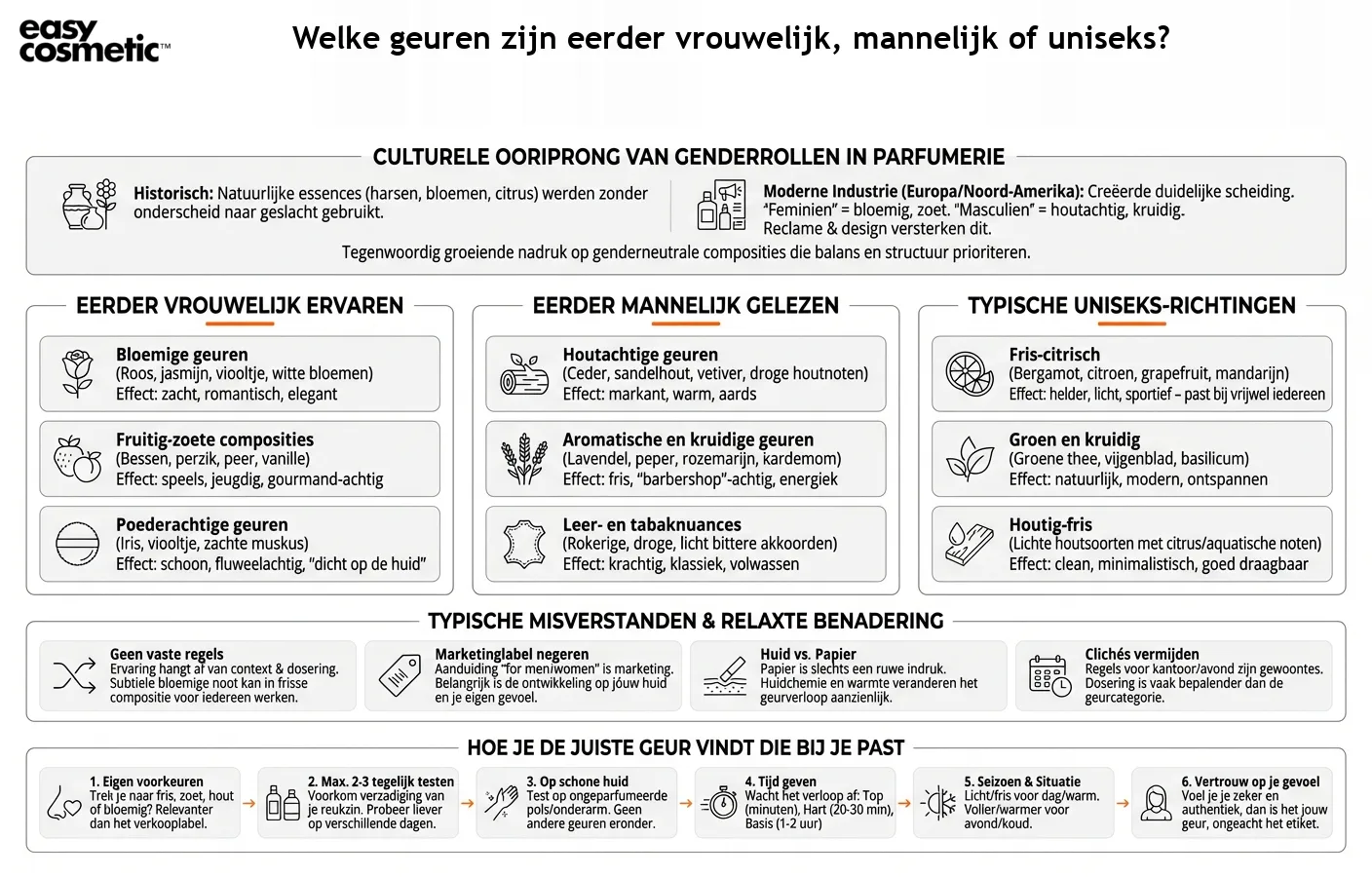 Welke geuren zijn eerder vrouwelijk, mannelijk of uniseks?