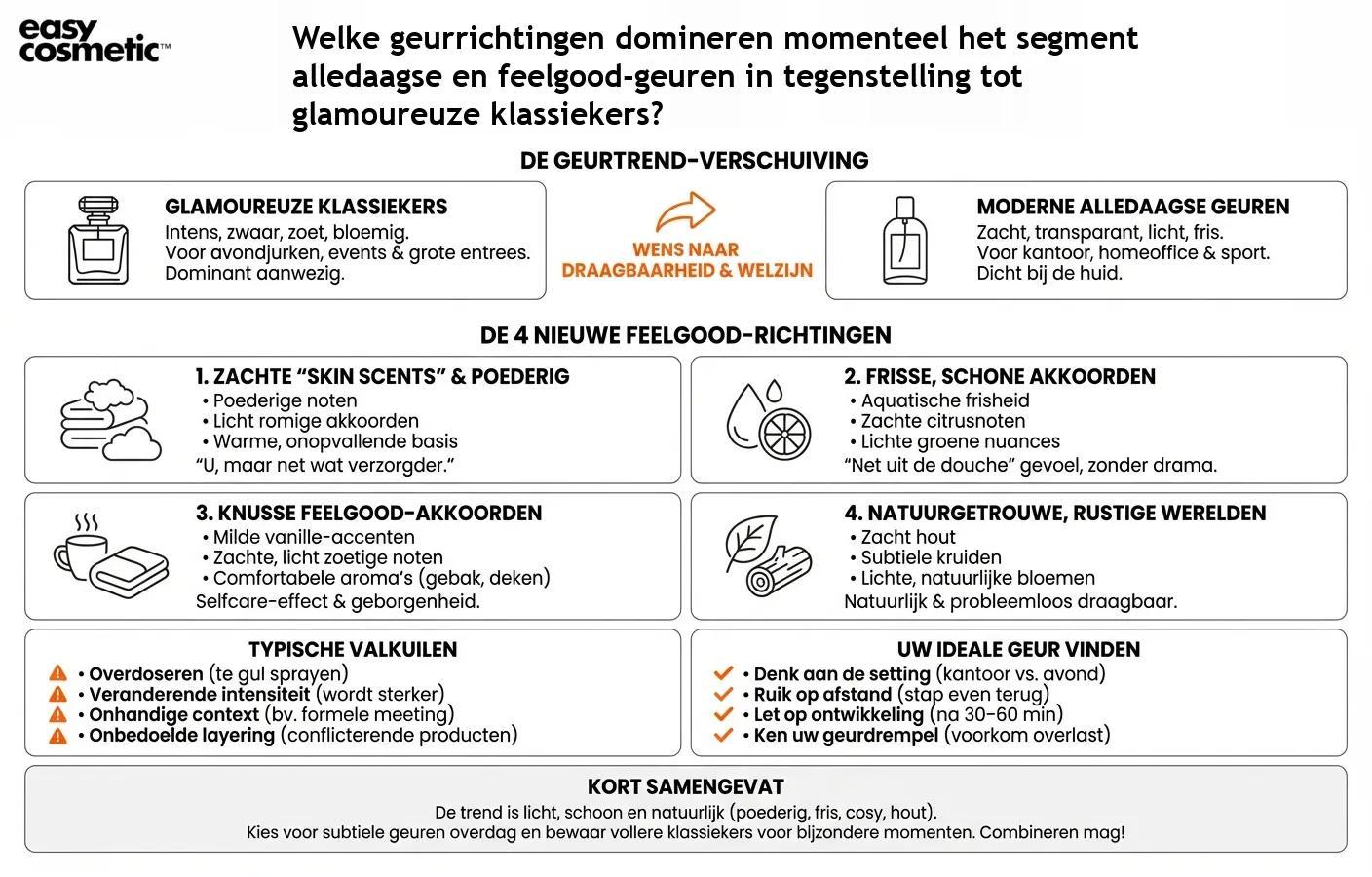 Welke geurrichtingen domineren momenteel het segment alledaagse en feelgood-geuren in tegenstelling tot glamoureuze klassiekers?