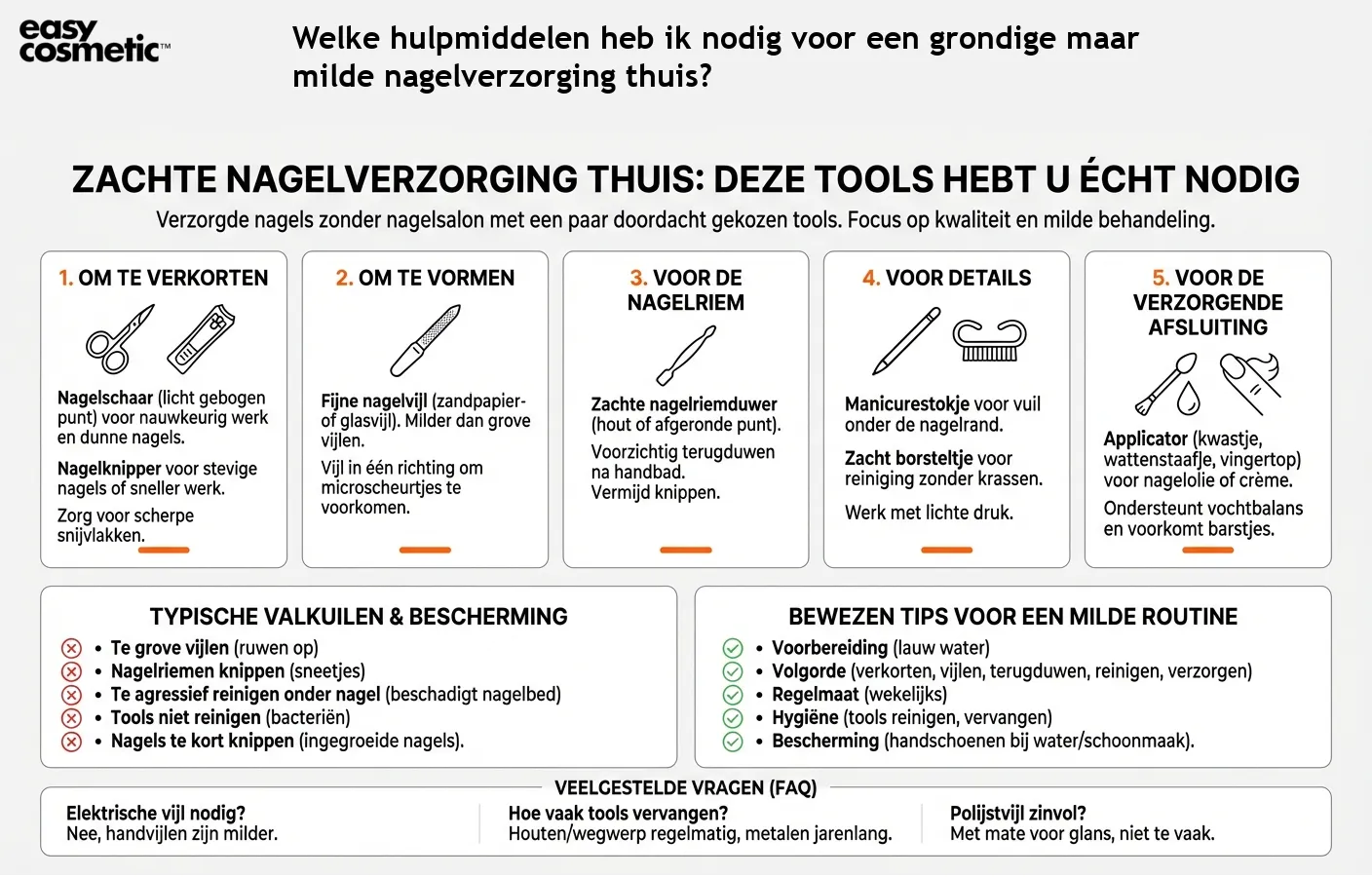 Welke hulpmiddelen heb ik nodig voor een grondige maar milde nagelverzorging thuis?