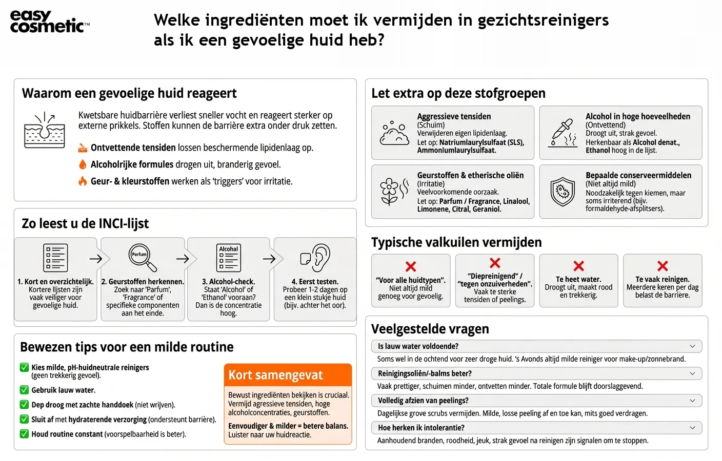 Welke ingrediënten moet ik vermijden in gezichtsreinigers als ik een gevoelige huid heb?