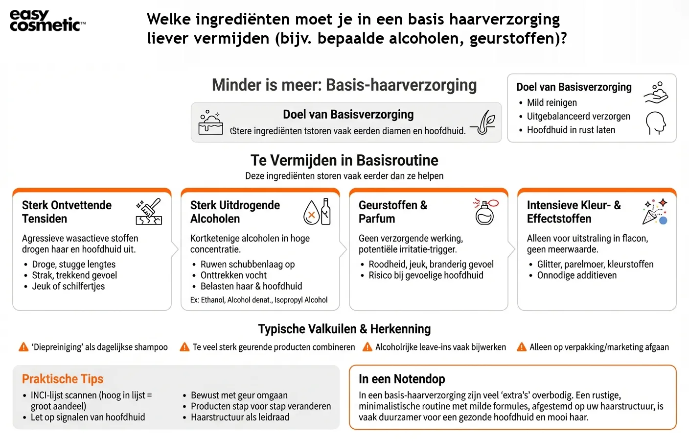 Welke ingrediënten moet je in een basis haarverzorging liever vermijden (bijv. bepaalde alcoholen, geurstoffen)?