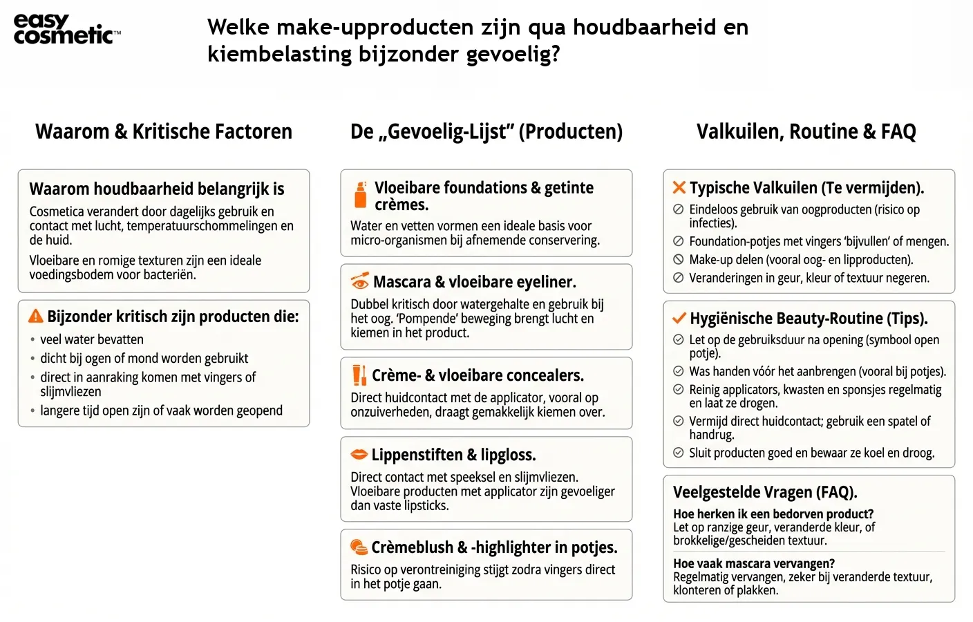Welke make-upproducten zijn qua houdbaarheid en kiembelasting bijzonder gevoelig?