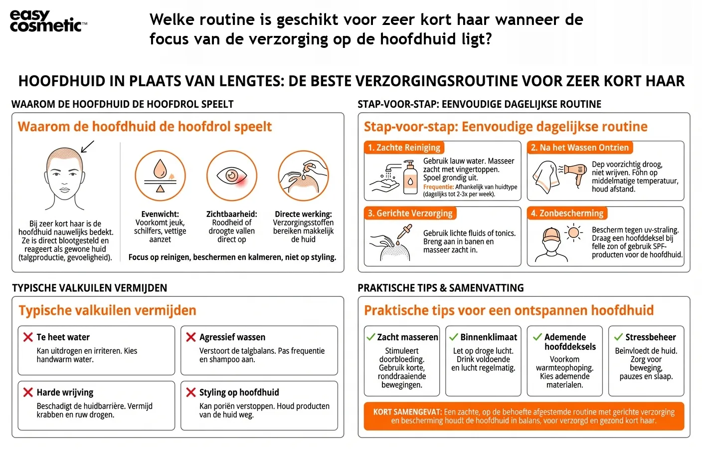Welke routine is geschikt voor zeer kort haar wanneer de focus van de verzorging op de hoofdhuid ligt?