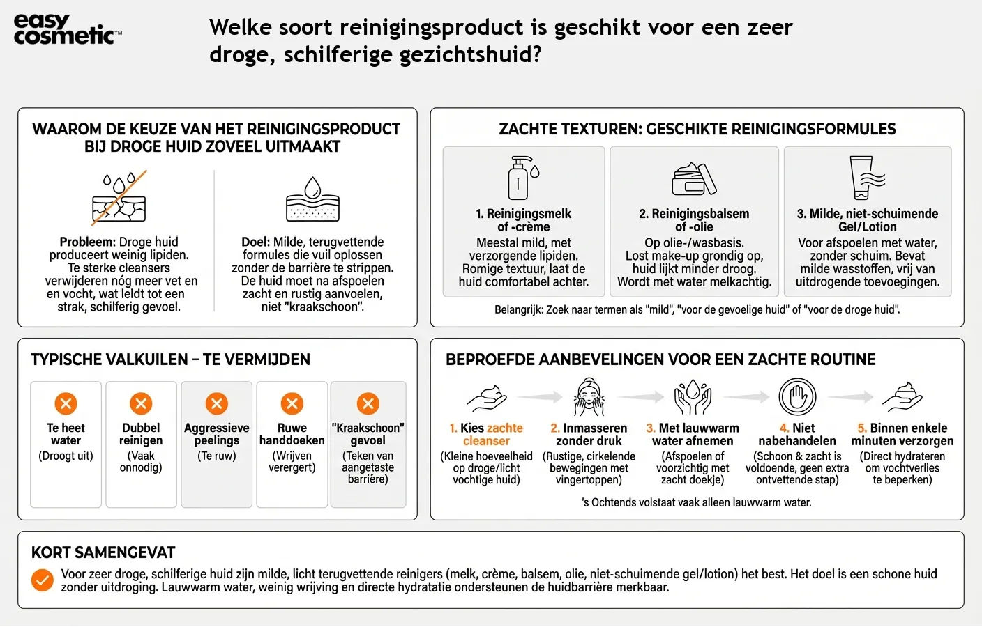 Welke soort reinigingsproduct is geschikt voor een zeer droge, schilferige gezichtshuid?