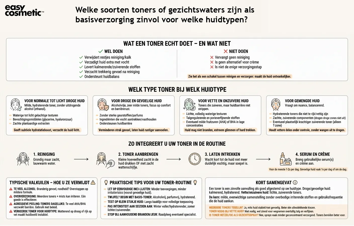 Welke soorten toners of gezichtswaters zijn als basisverzorging zinvol voor welke huidtypen?