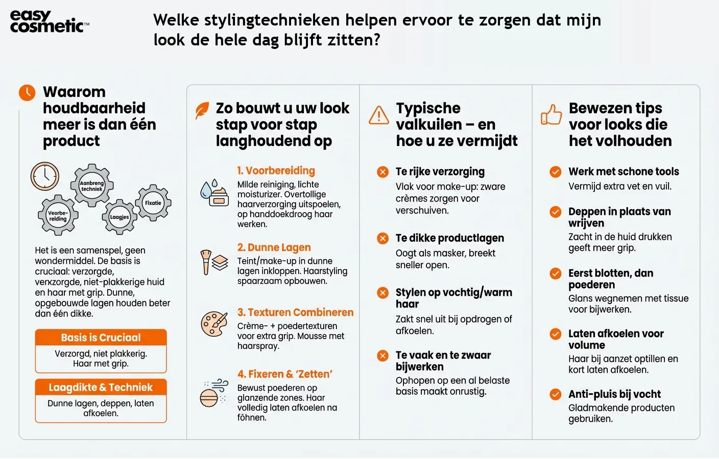 Welke stylingtechnieken helpen ervoor te zorgen dat mijn look de hele dag blijft zitten?