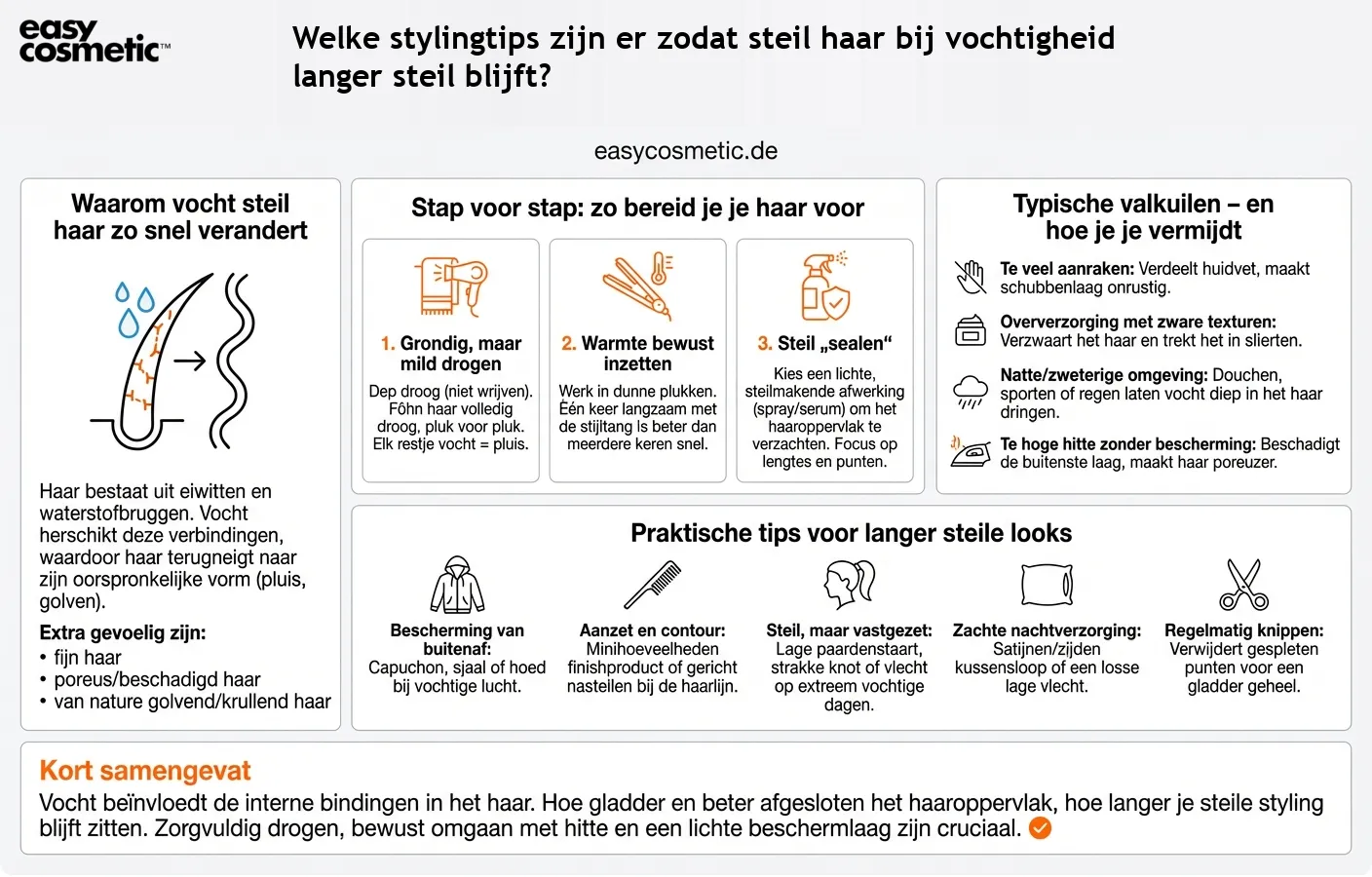 Welke stylingtips zijn er zodat steil haar bij vochtigheid langer steil blijft?