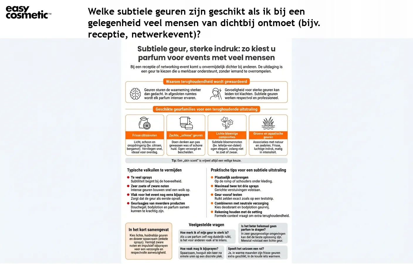 Welke subtiele geuren zijn geschikt als ik bij een gelegenheid veel mensen van dichtbij ontmoet (bijv. receptie, netwerkevent)?