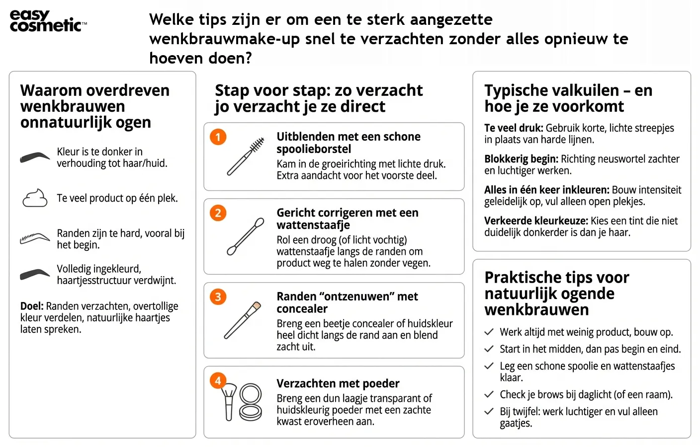 Welke tips zijn er om een te sterk aangezette wenkbrauwmake-up snel te verzachten zonder alles opnieuw te hoeven doen?