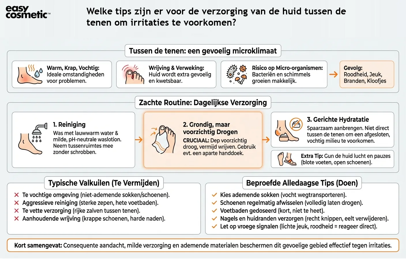 Welke tips zijn er voor de verzorging van de huid tussen de tenen om irritaties te voorkomen?