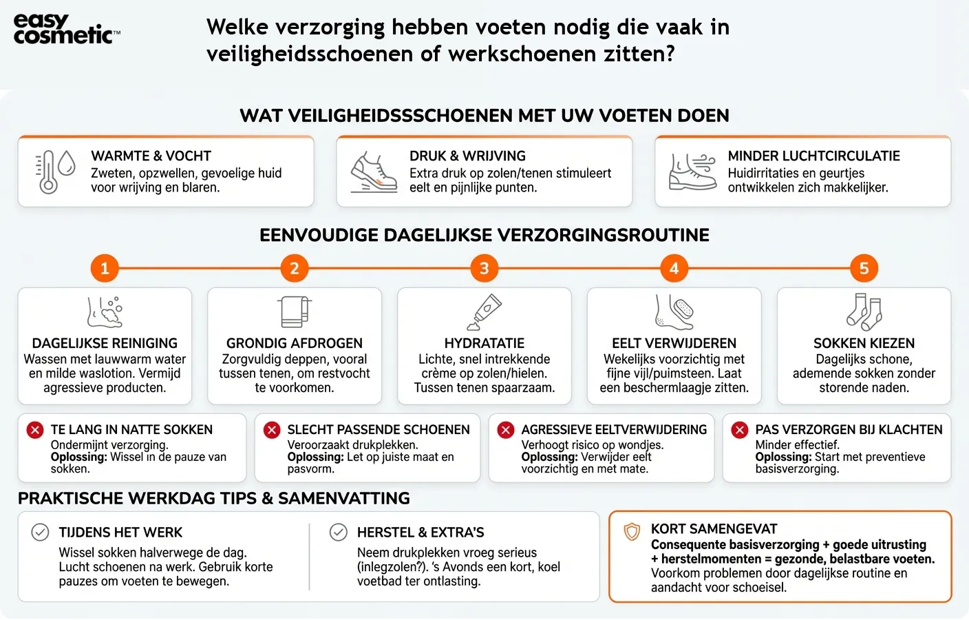 Welke verzorging hebben voeten nodig die vaak in veiligheidsschoenen of werkschoenen zitten?