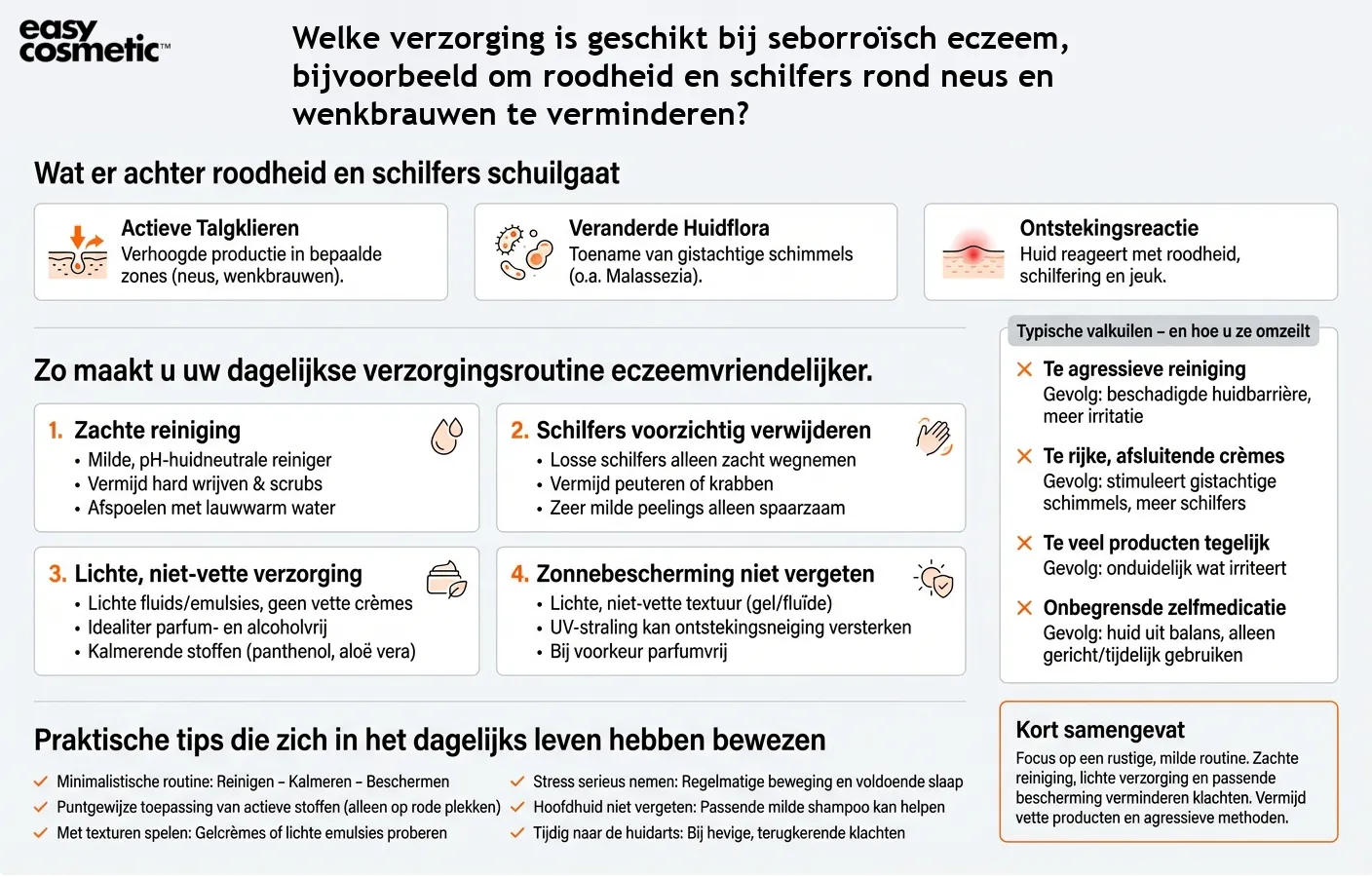 Welke verzorging is geschikt bij seborroïsch eczeem, bijvoorbeeld om roodheid en schilfers rond neus en wenkbrauwen te verminderen?