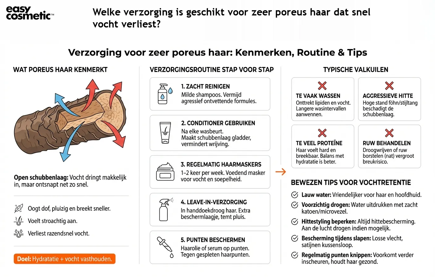 Welke verzorging is geschikt voor zeer poreus haar dat snel vocht verliest?