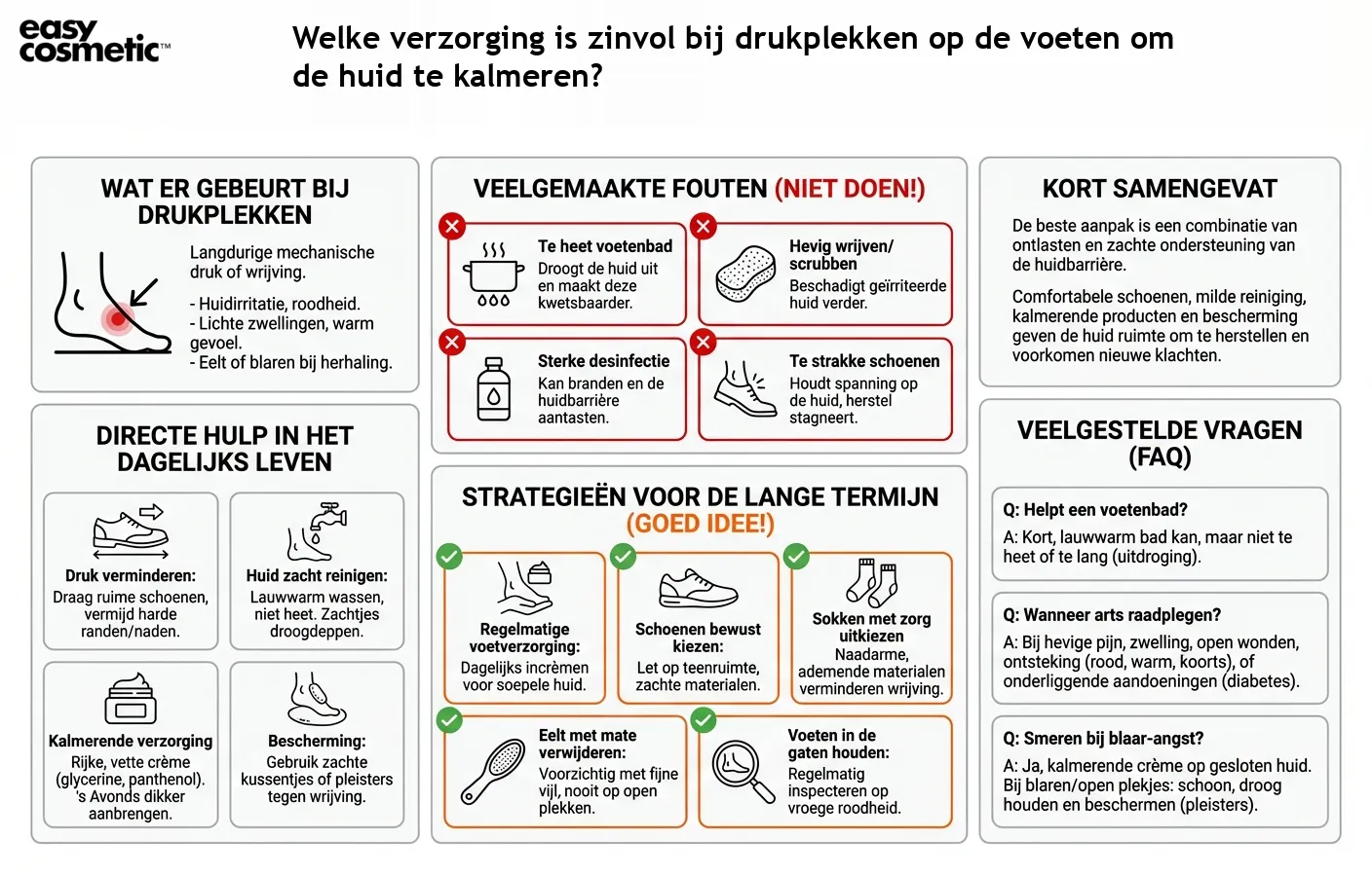 Welke verzorging is zinvol bij drukplekken op de voeten om de huid te kalmeren?