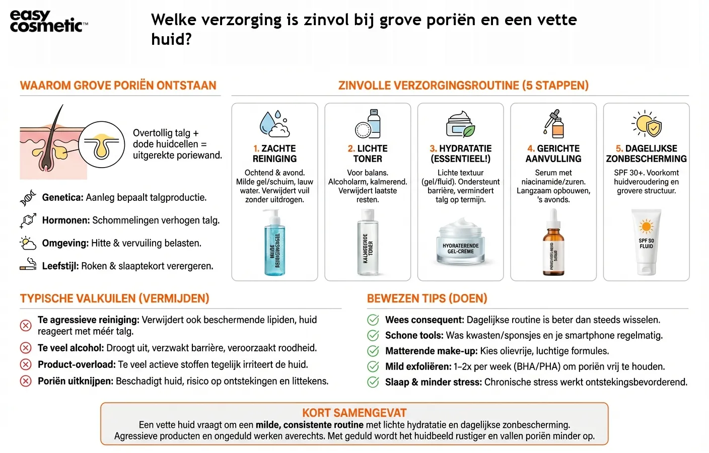 Welke verzorging is zinvol bij grove poriën en een vette huid?