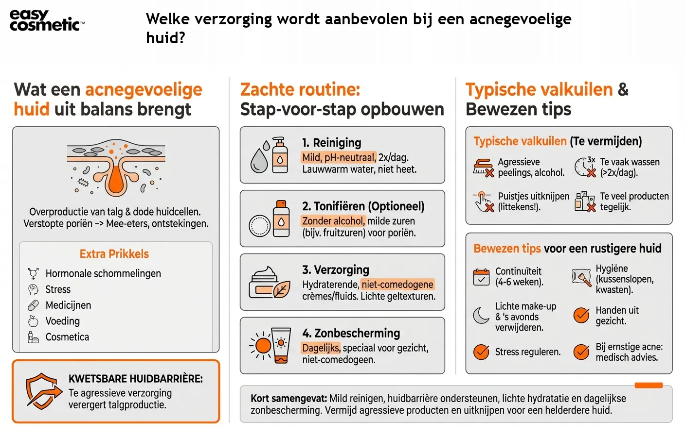Welke verzorging wordt aanbevolen bij een acnegevoelige huid?