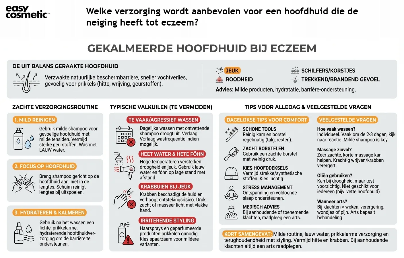 Welke verzorging wordt aanbevolen voor een hoofdhuid die de neiging heeft tot eczeem?