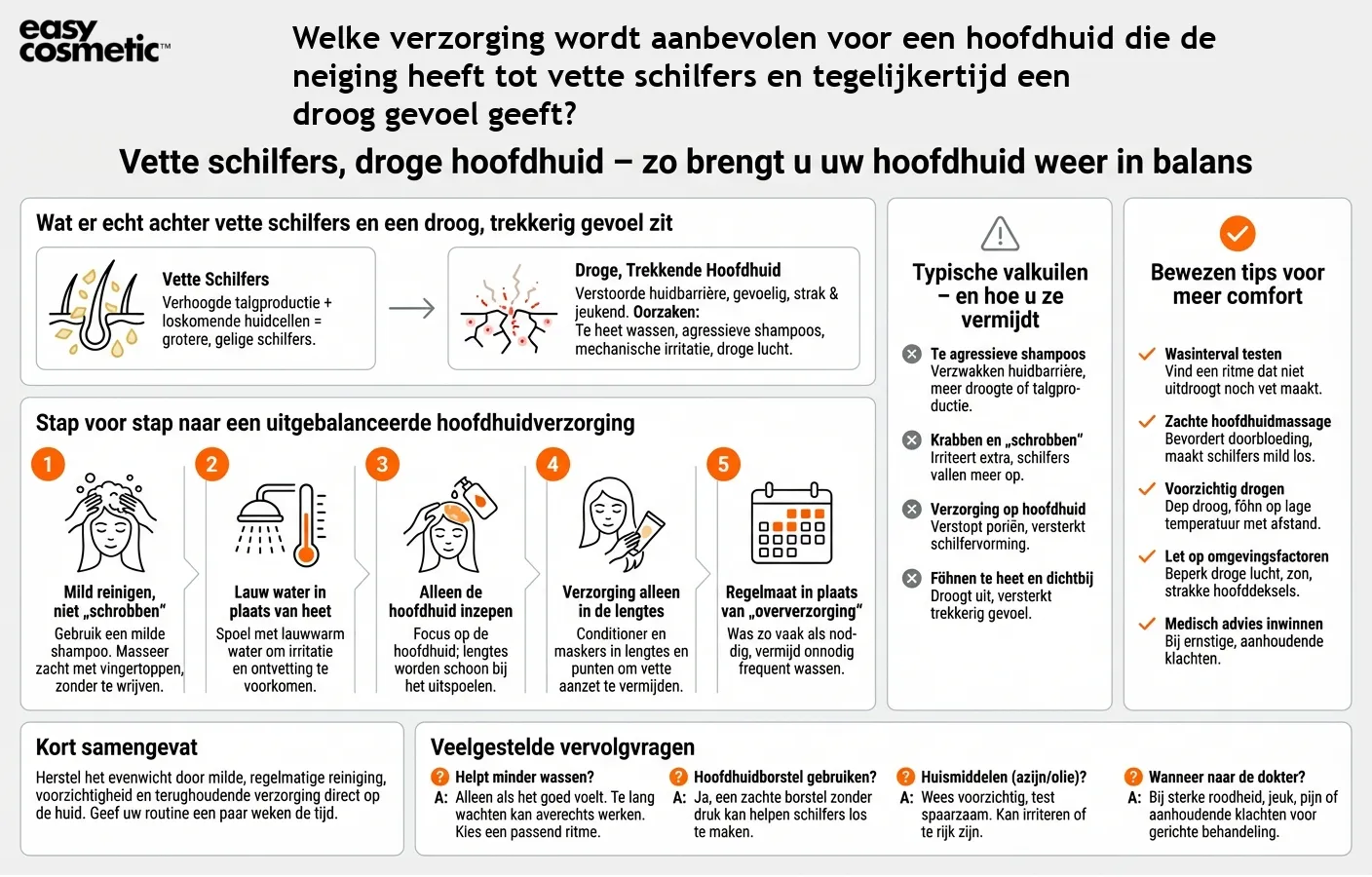Welke verzorging wordt aanbevolen voor een hoofdhuid die de neiging heeft tot vette schilfers en tegelijkertijd een droog gevoel geeft?
