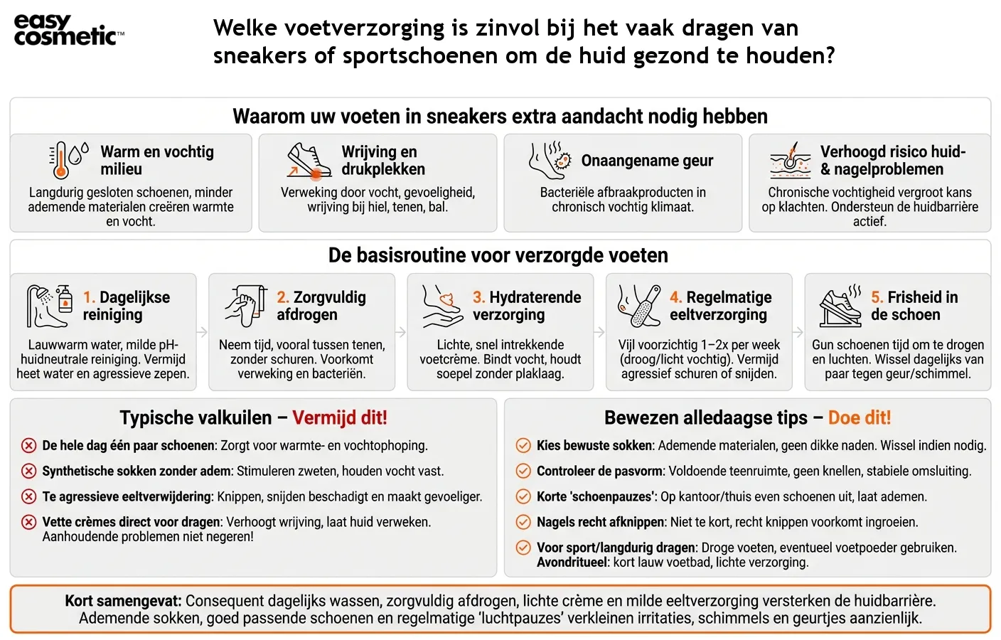 Welke voetverzorging is zinvol bij het vaak dragen van sneakers of sportschoenen om de huid gezond te houden?