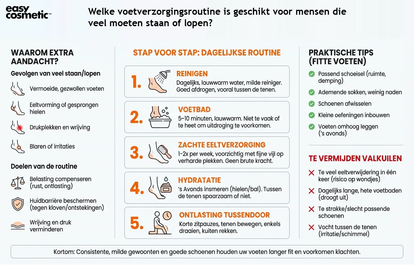 Welke voetverzorgingsroutine is geschikt voor mensen die veel moeten staan of lopen?