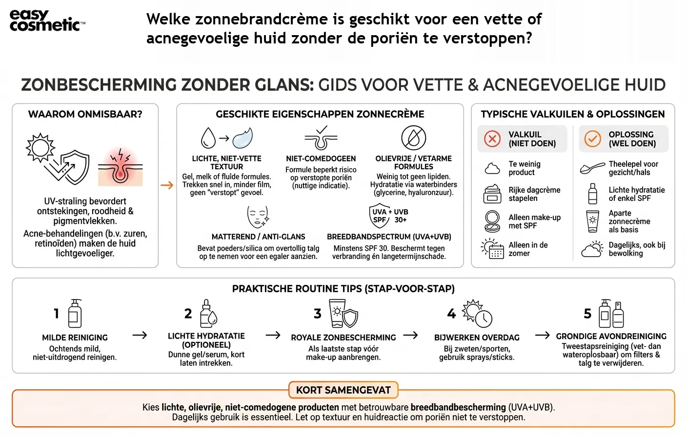Welke zonnebrandcrème is geschikt voor een vette of acnegevoelige huid zonder de poriën te verstoppen?