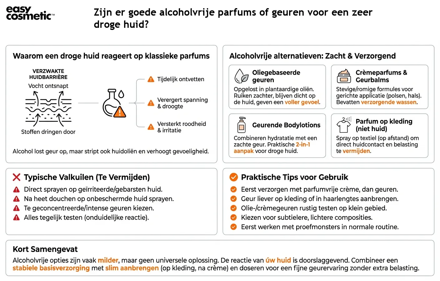 Zijn er goede alcoholvrije parfums of geuren voor een zeer droge huid?
