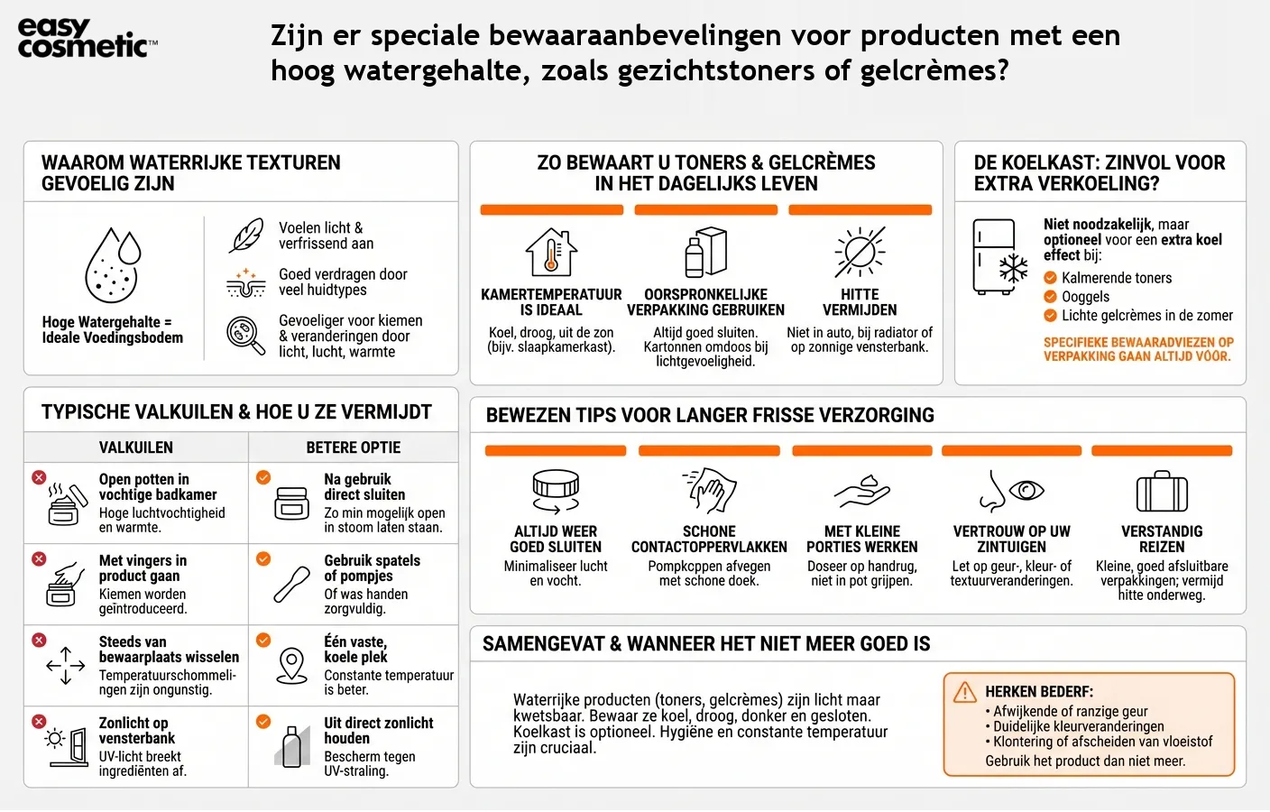Zijn er speciale bewaaraanbevelingen voor producten met een hoog watergehalte, zoals gezichtstoners of gelcrèmes?